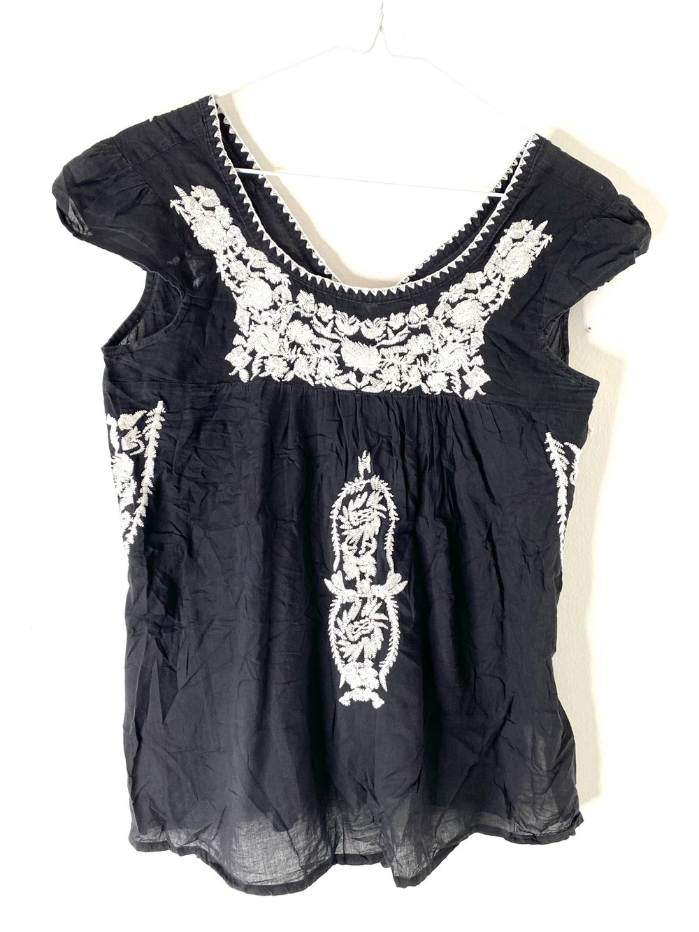 Solitaire Black Semi Sheer Boho Top White Embroidery Ruffle Sleeve Detail Blouse
